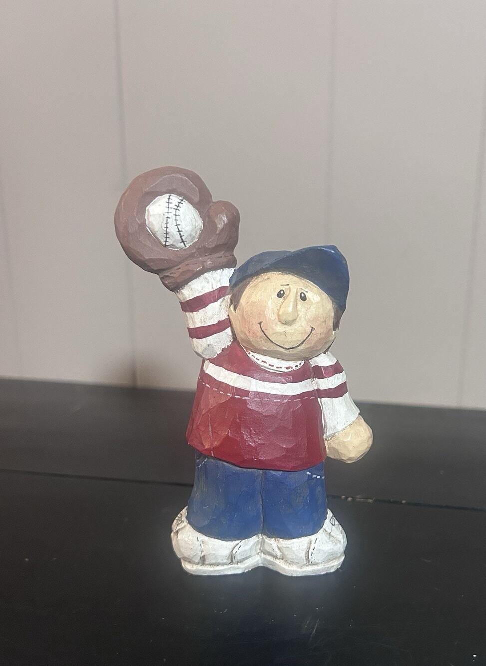Vintage Folk Art Baseball Player Figurine Hand Painted Wood #7 Signed Americana